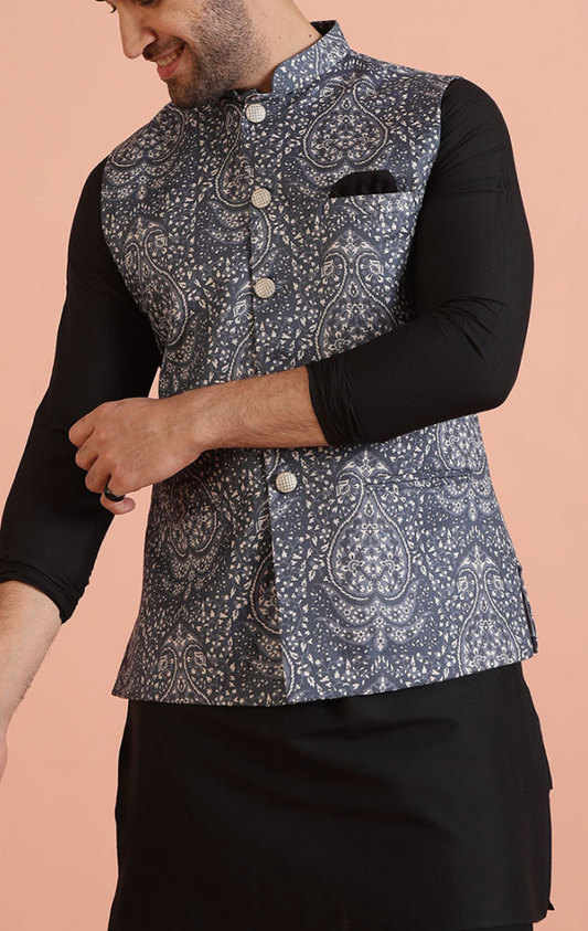 Men’s Black & White Printed Nehru Jacket – Mandarin Collar Cotton Blend Waistcoat - Rajvari