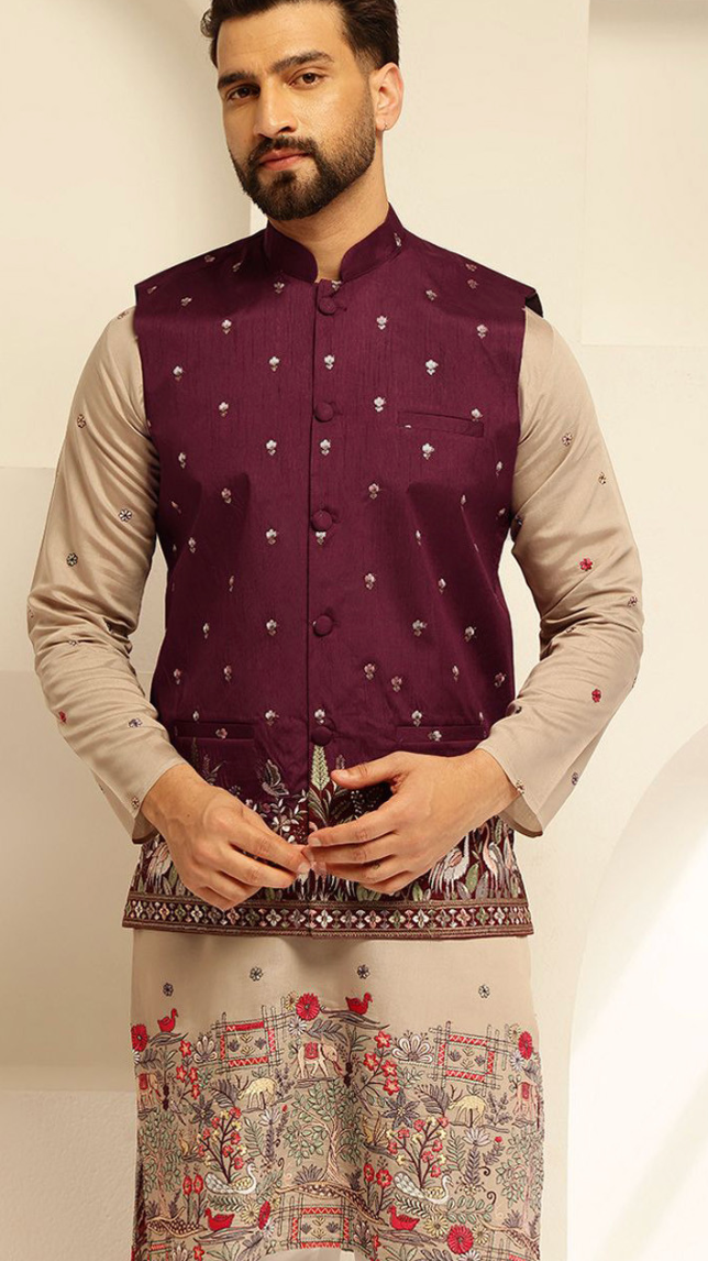 Men’s Maroon Floral Embroidered Brocade Nehru Jacket – Silk Blend Mandarin Collar Waistcoat - Rajvari