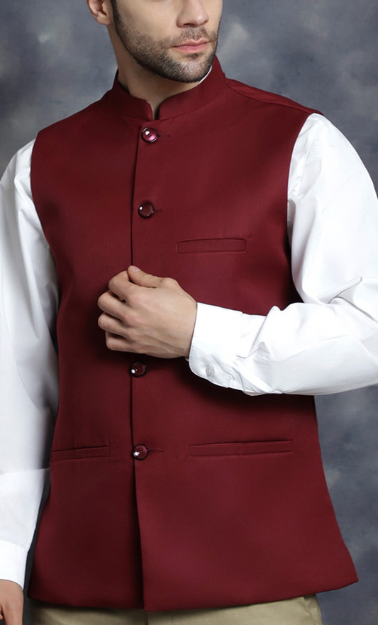 Men’s Maroon Solid Nehru Jacket – Mandarin Collar Cotton Blend Waistcoat - Rajvari