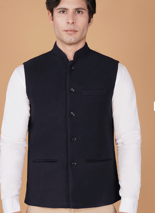 Men’s Navy Blue Wool Nehru Jacket – Mandarin Collar Sleeveless Traditional Waistcoat - Rajvari