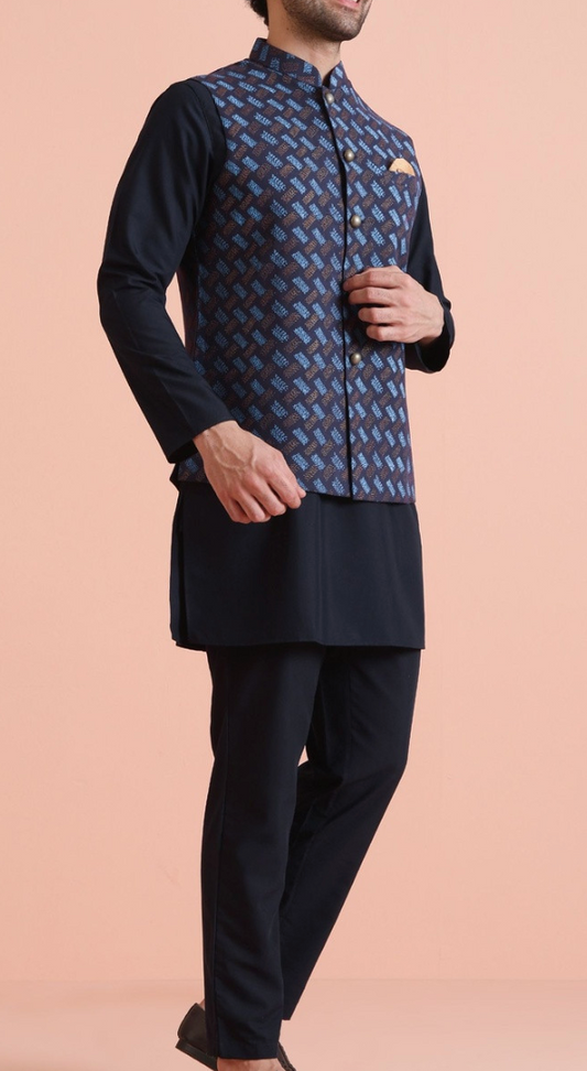 Men’s Navy Blue Printed Nehru Jacket – Mandarin Collar Cotton Blend Sleeveless Waistcoat - Rajvari