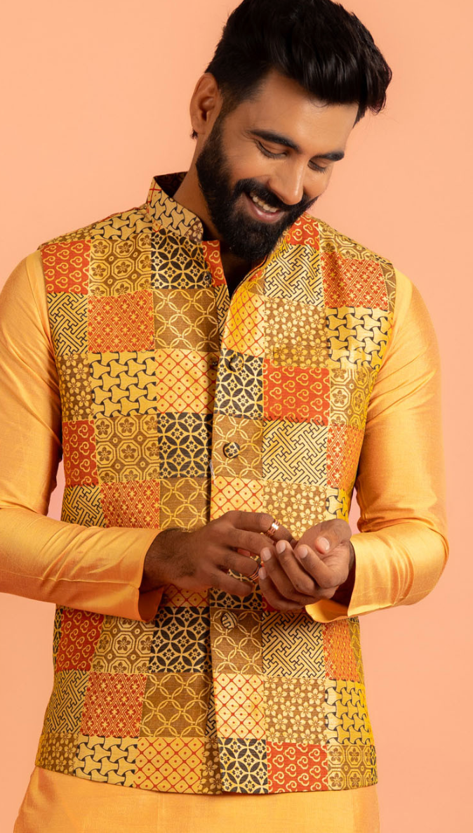 Men’s Yellow & Red Printed Nehru Jacket – Mandarin Collar Silk Blend Sleeveless Waistcoat - Rajvari