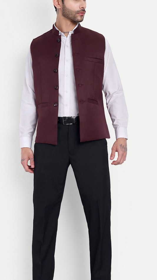 Men’s Maroon Solid Nehru Jacket – Mandarin Collar Satin Weave Polyester Waistcoat - Rajvari
