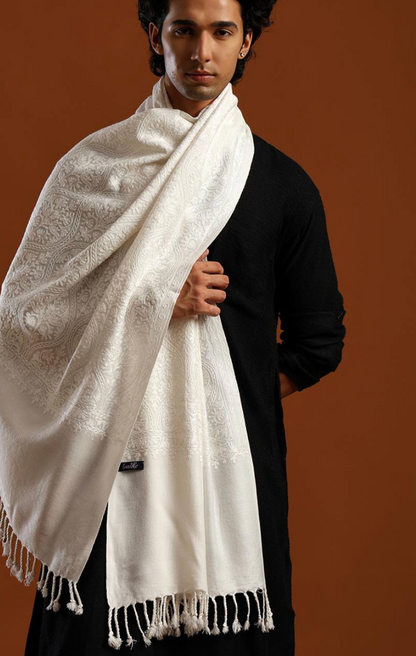 Men’s Off-White Embroidered Stole with Fringes – Blended Wool Formal Shawl - Rajvari