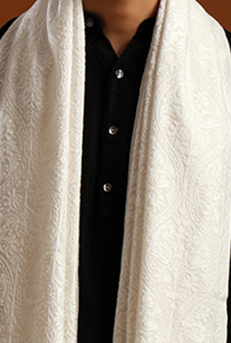 Men’s Off-White Embroidered Stole with Fringes – Blended Wool Formal Shawl - Rajvari