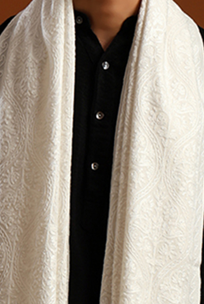 Men’s Off-White Embroidered Stole with Fringes – Blended Wool Formal Shawl - Rajvari