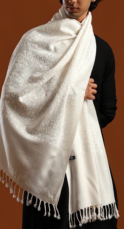Men’s Off-White Embroidered Stole with Fringes – Blended Wool Formal Shawl - Rajvari