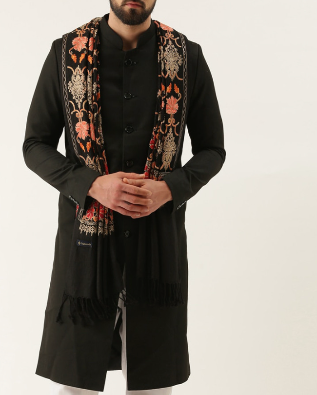 Men’s Floral Aari Embroidered Shawl with Frayed Border – Viscose Rayon Formal Wrap - Rajvari