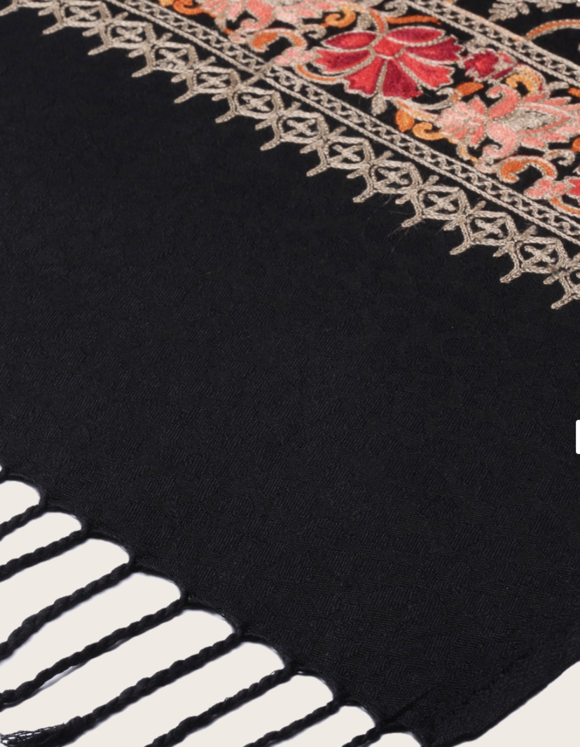 Men’s Floral Aari Embroidered Shawl with Frayed Border – Viscose Rayon Formal Wrap - Rajvari