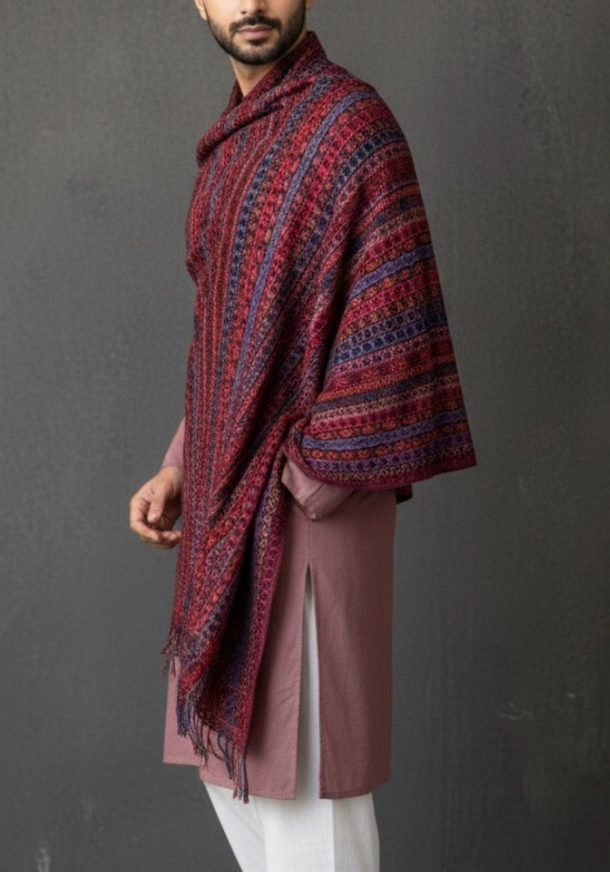 Men’s Maroon & Purple Floral Printed Shawl – Acrylic Wrap with Solid Border - Rajvari