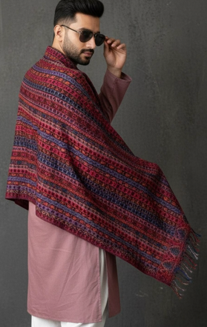 Men’s Maroon & Purple Floral Printed Shawl – Acrylic Wrap with Solid Border - Rajvari
