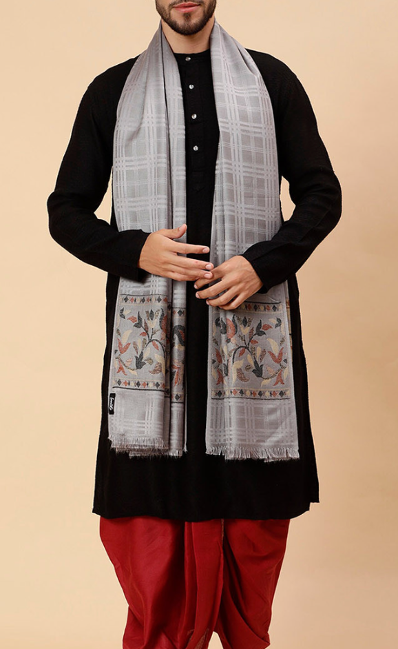 Men’s Grey Woven Design Shawl with Fringed Border – Acrylic & Wool Blend Wrap - Rajvari
