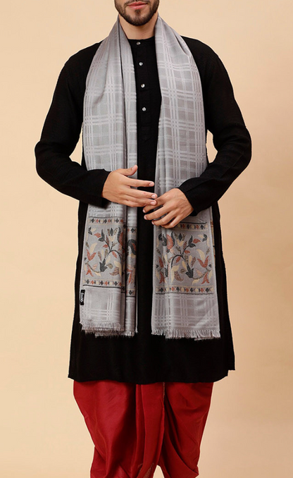 Men’s Grey Woven Design Shawl with Fringed Border – Acrylic & Wool Blend Wrap - Rajvari