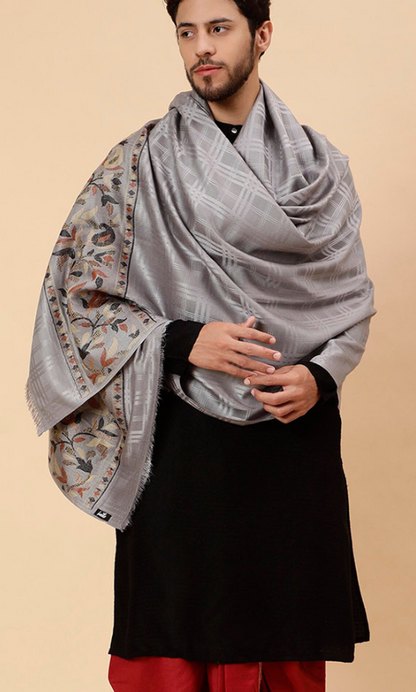 Men’s Grey Woven Design Shawl with Fringed Border – Acrylic & Wool Blend Wrap - Rajvari