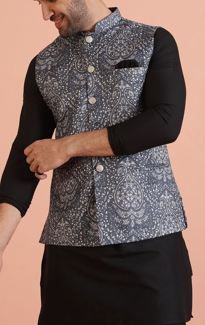 Men’s Black & White Printed Nehru Jacket – Mandarin Collar Cotton Blend Waistcoat - Rajvari
