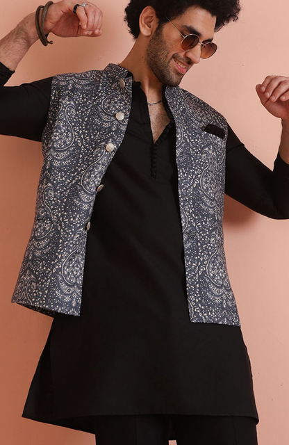 Men’s Black & White Printed Nehru Jacket – Mandarin Collar Cotton Blend Waistcoat - Rajvari