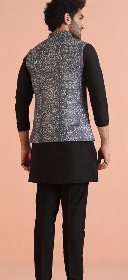 Men’s Black & White Printed Nehru Jacket – Mandarin Collar Cotton Blend Waistcoat - Rajvari