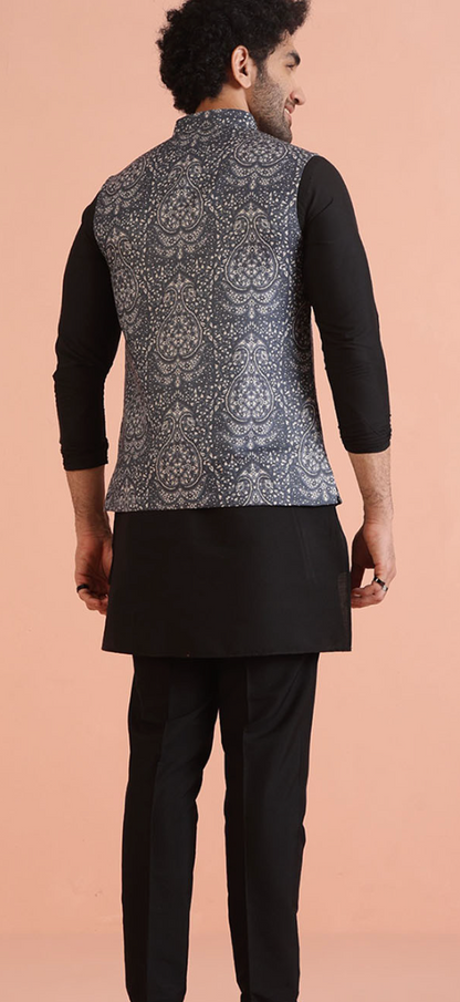 Men’s Black & White Printed Nehru Jacket – Mandarin Collar Cotton Blend Waistcoat - Rajvari