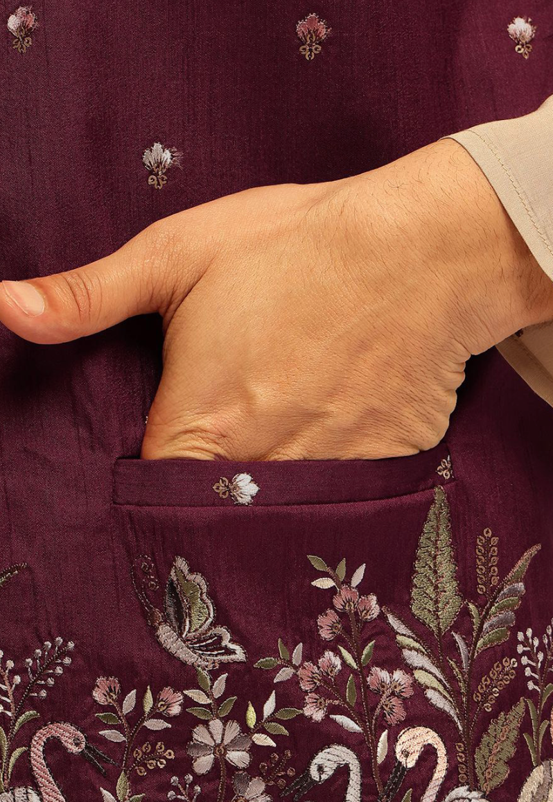 Men’s Maroon Floral Embroidered Brocade Nehru Jacket – Silk Blend Mandarin Collar Waistcoat - Rajvari