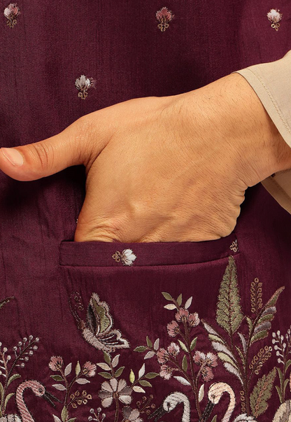 Men’s Maroon Floral Embroidered Brocade Nehru Jacket – Silk Blend Mandarin Collar Waistcoat - Rajvari