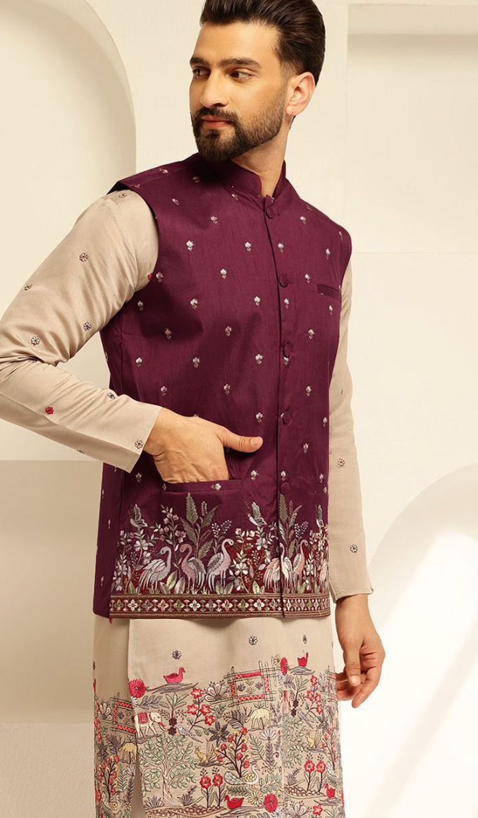 Men’s Maroon Floral Embroidered Brocade Nehru Jacket – Silk Blend Mandarin Collar Waistcoat - Rajvari