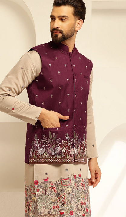 Men’s Maroon Floral Embroidered Brocade Nehru Jacket – Silk Blend Mandarin Collar Waistcoat - Rajvari