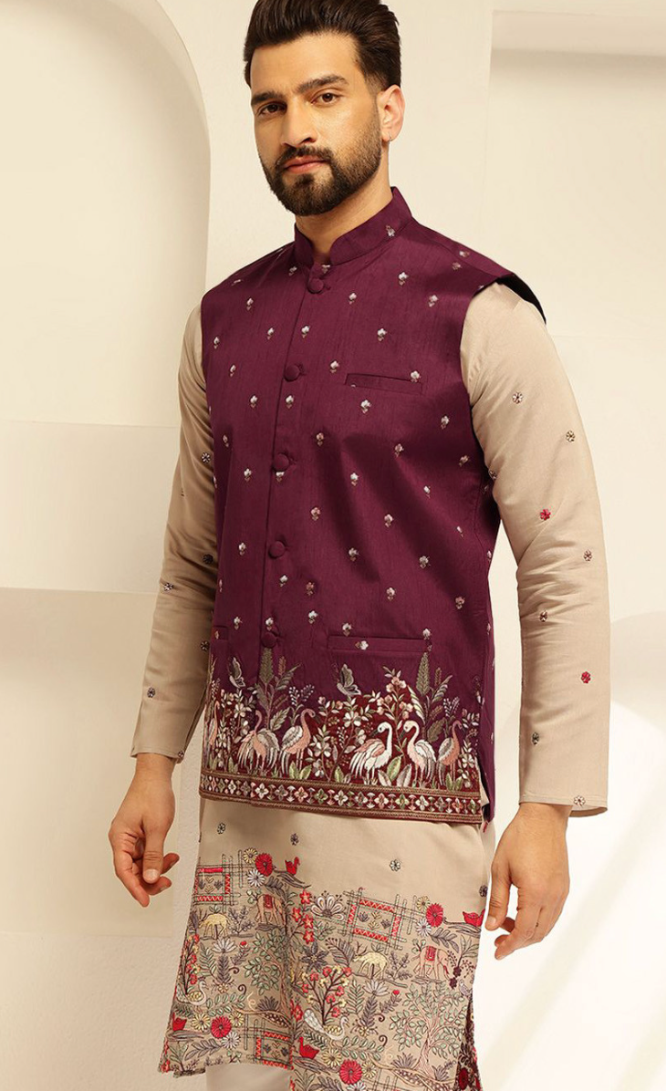 Men’s Maroon Floral Embroidered Brocade Nehru Jacket – Silk Blend Mandarin Collar Waistcoat - Rajvari