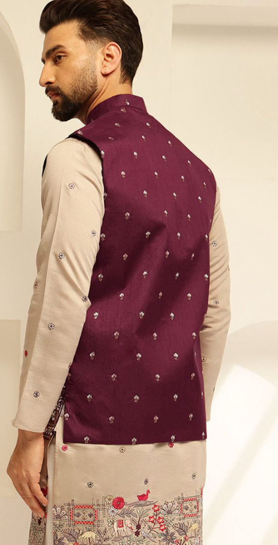 Men’s Maroon Floral Embroidered Brocade Nehru Jacket – Silk Blend Mandarin Collar Waistcoat - Rajvari
