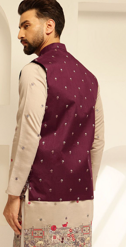 Men’s Maroon Floral Embroidered Brocade Nehru Jacket – Silk Blend Mandarin Collar Waistcoat - Rajvari