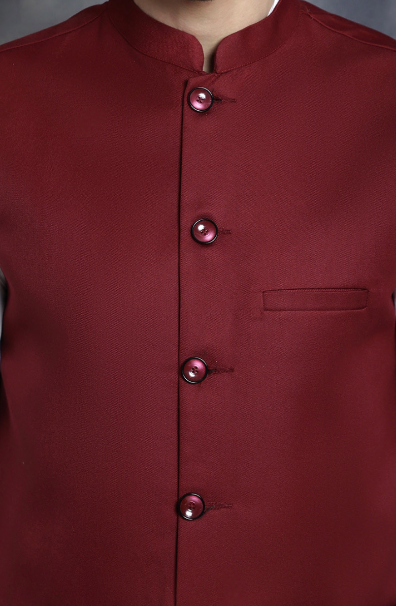 Men’s Maroon Solid Nehru Jacket – Mandarin Collar Cotton Blend Waistcoat - Rajvari