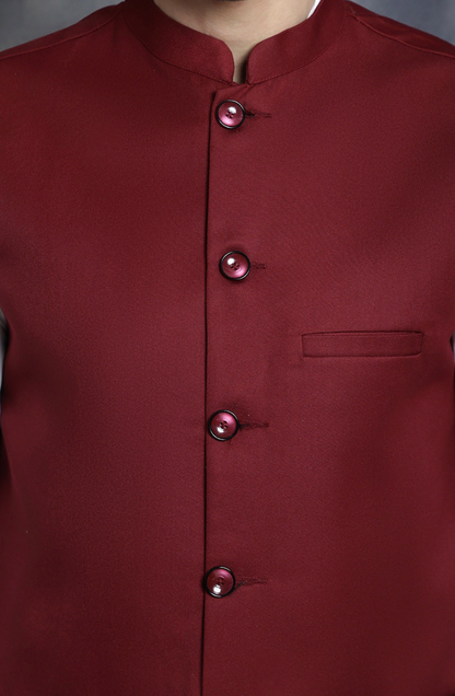 Men’s Maroon Solid Nehru Jacket – Mandarin Collar Cotton Blend Waistcoat - Rajvari
