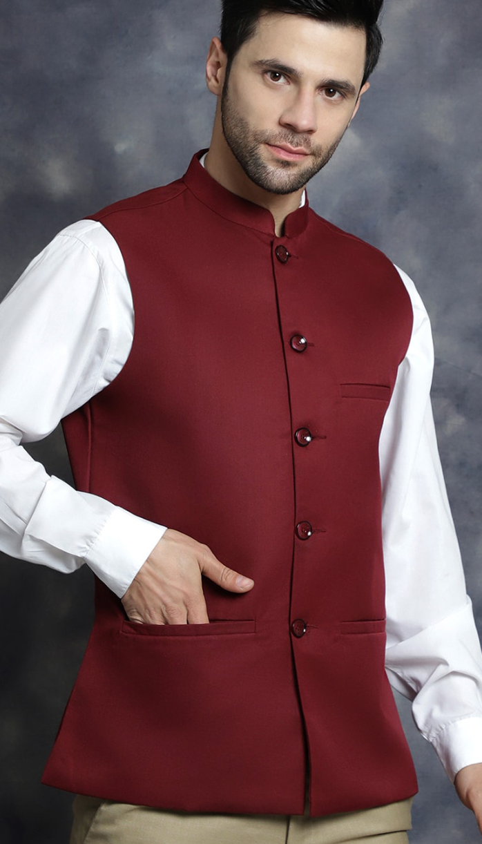 Men’s Maroon Solid Nehru Jacket – Mandarin Collar Cotton Blend Waistcoat - Rajvari