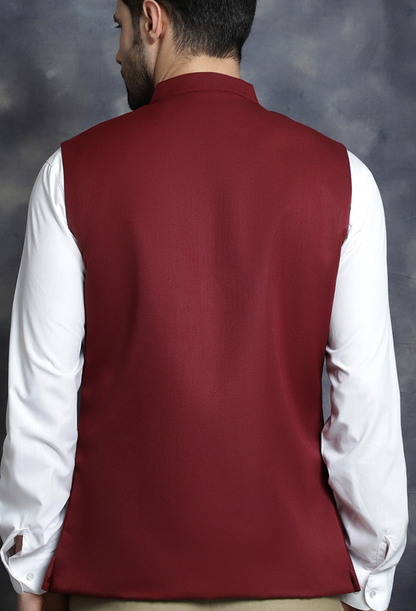 Men’s Maroon Solid Nehru Jacket – Mandarin Collar Cotton Blend Waistcoat - Rajvari