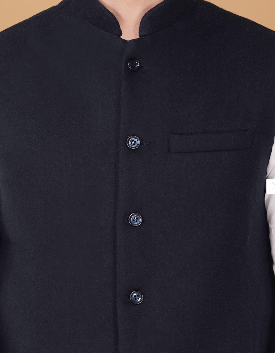 Men’s Navy Blue Wool Nehru Jacket – Mandarin Collar Sleeveless Traditional Waistcoat - Rajvari