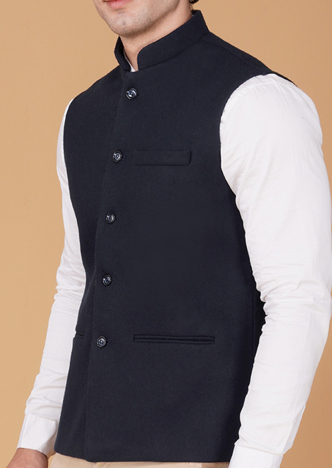 Men’s Navy Blue Wool Nehru Jacket – Mandarin Collar Sleeveless Traditional Waistcoat - Rajvari