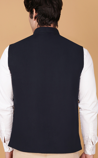 Men’s Navy Blue Wool Nehru Jacket – Mandarin Collar Sleeveless Traditional Waistcoat - Rajvari