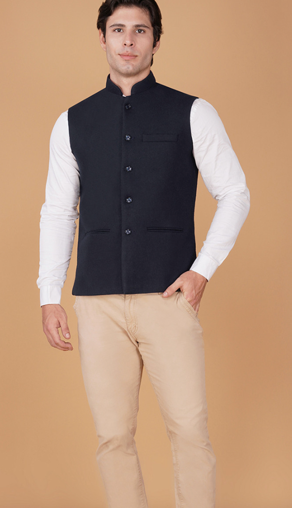 Men’s Navy Blue Wool Nehru Jacket – Mandarin Collar Sleeveless Traditional Waistcoat - Rajvari