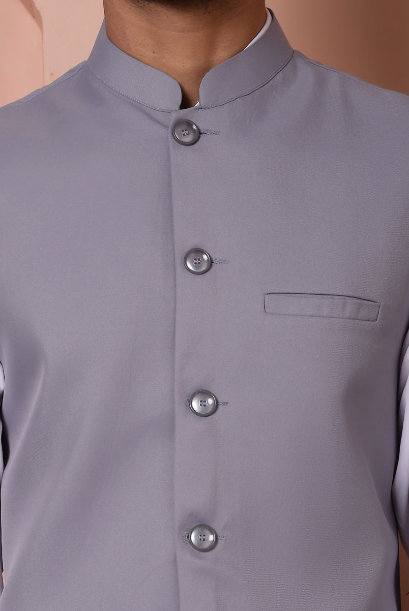 Men’s Grey Solid Nehru Jacket – Mandarin Collar Cotton Blend Sleeveless Waistcoat - Rajvari