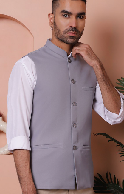 Men’s Grey Solid Nehru Jacket – Mandarin Collar Cotton Blend Sleeveless Waistcoat - Rajvari