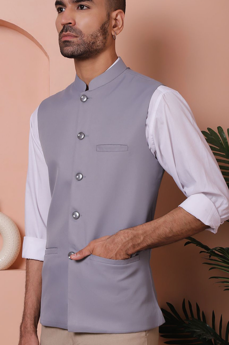 Men’s Grey Solid Nehru Jacket – Mandarin Collar Cotton Blend Sleeveless Waistcoat - Rajvari