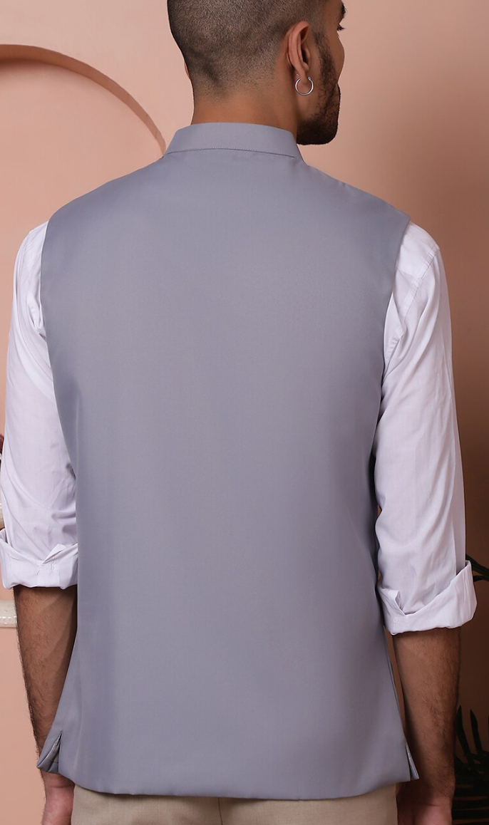Men’s Grey Solid Nehru Jacket – Mandarin Collar Cotton Blend Sleeveless Waistcoat - Rajvari