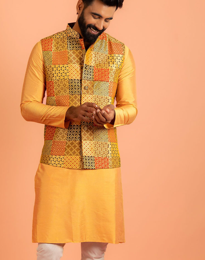 Men’s Yellow & Red Printed Nehru Jacket – Mandarin Collar Silk Blend Sleeveless Waistcoat - Rajvari