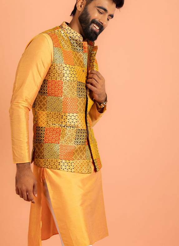 Men’s Yellow & Red Printed Nehru Jacket – Mandarin Collar Silk Blend Sleeveless Waistcoat - Rajvari