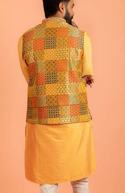 Men’s Yellow & Red Printed Nehru Jacket – Mandarin Collar Silk Blend Sleeveless Waistcoat - Rajvari