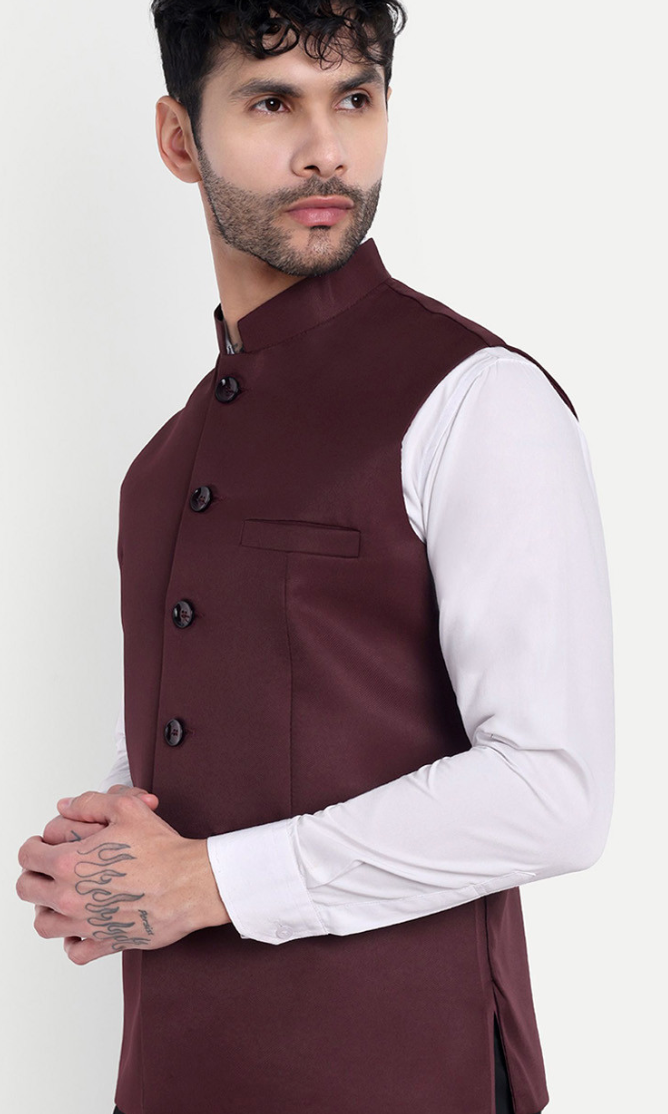 Men’s Maroon Solid Nehru Jacket – Mandarin Collar Satin Weave Polyester Waistcoat - Rajvari