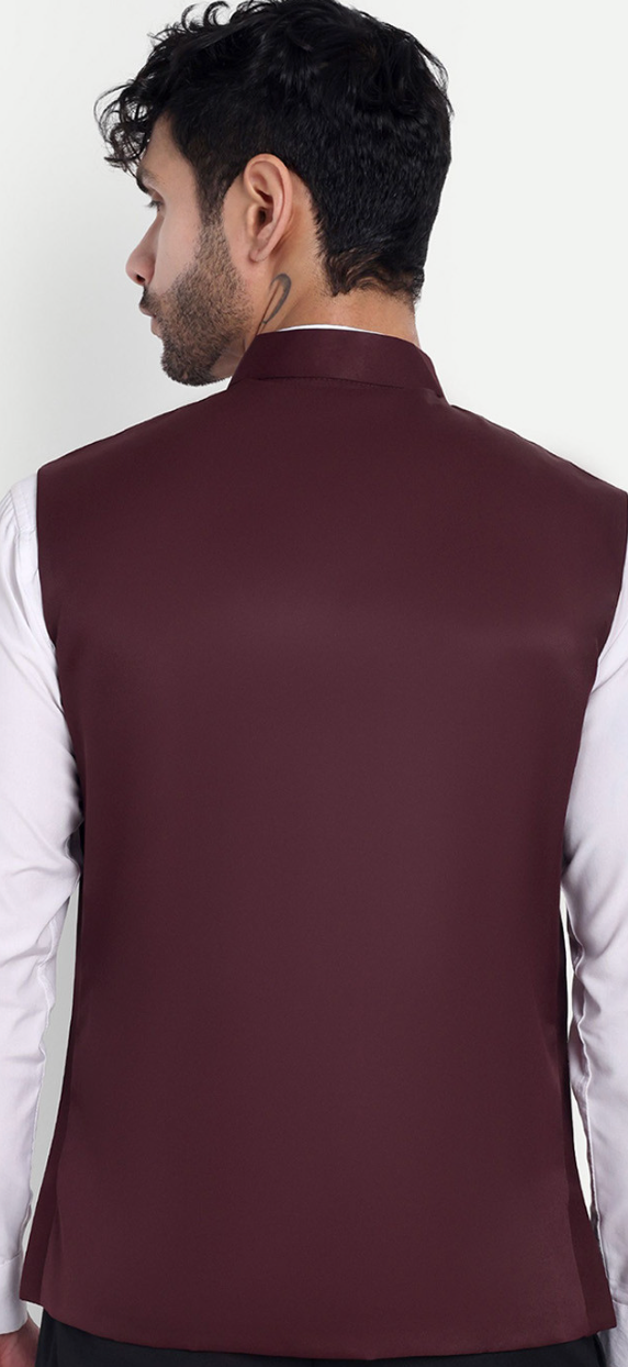 Men’s Maroon Solid Nehru Jacket – Mandarin Collar Satin Weave Polyester Waistcoat - Rajvari