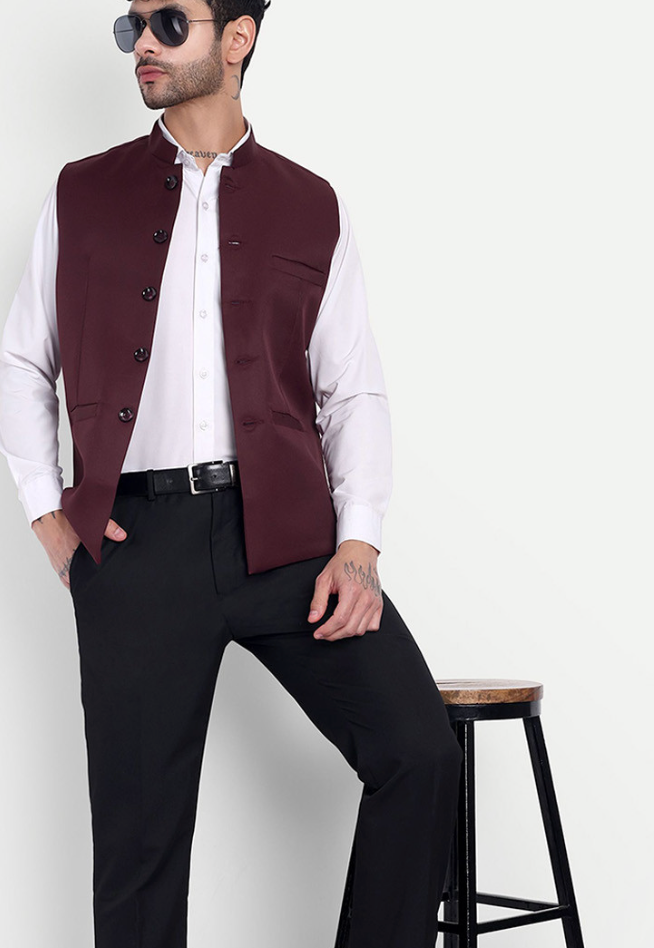 Men’s Maroon Solid Nehru Jacket – Mandarin Collar Satin Weave Polyester Waistcoat - Rajvari