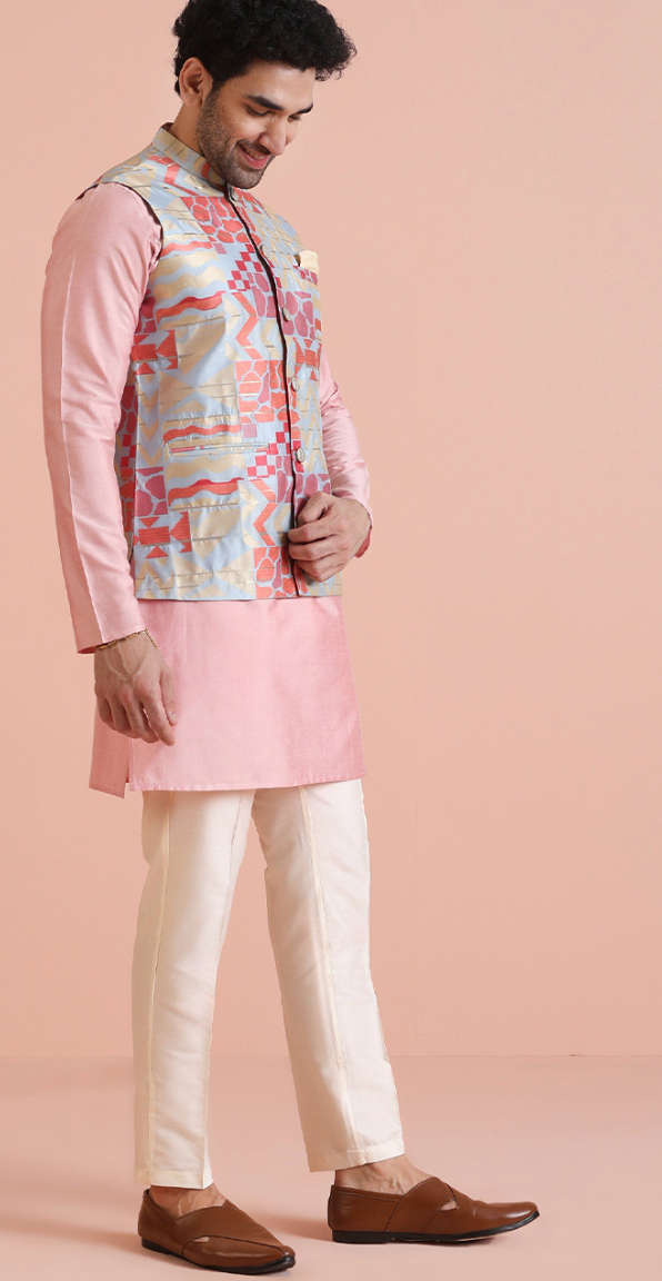 Men’s Textured Zari Woven Nehru Jacket – Silk Blend Mandarin Collar Regular Fit Waistcoat - Rajvari