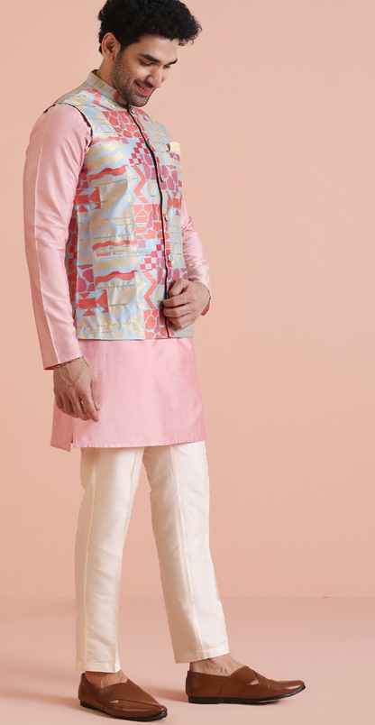 Men’s Textured Zari Woven Nehru Jacket – Silk Blend Mandarin Collar Regular Fit Waistcoat - Rajvari