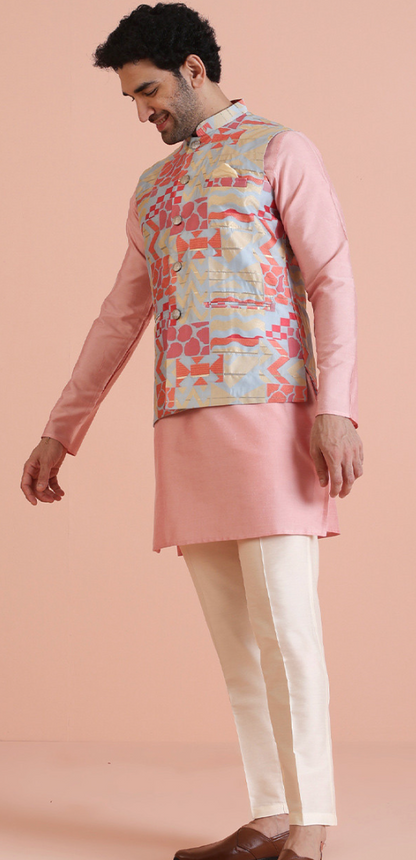 Men’s Textured Zari Woven Nehru Jacket – Silk Blend Mandarin Collar Regular Fit Waistcoat - Rajvari